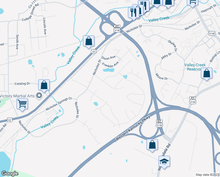 map of restaurants, bars, coffee shops, grocery stores, and more near 250 Riley Way in Elizabethtown