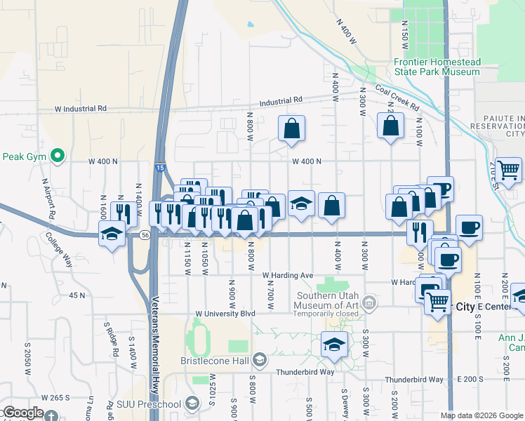 map of restaurants, bars, coffee shops, grocery stores, and more near 257 North 700 West in Cedar City