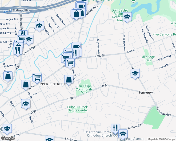 map of restaurants, bars, coffee shops, grocery stores, and more near 2209 Romey Lane in Hayward