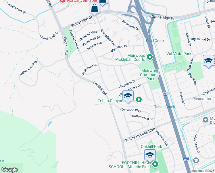 map of restaurants, bars, coffee shops, grocery stores, and more near 4957 Forest Hill Drive in Pleasanton