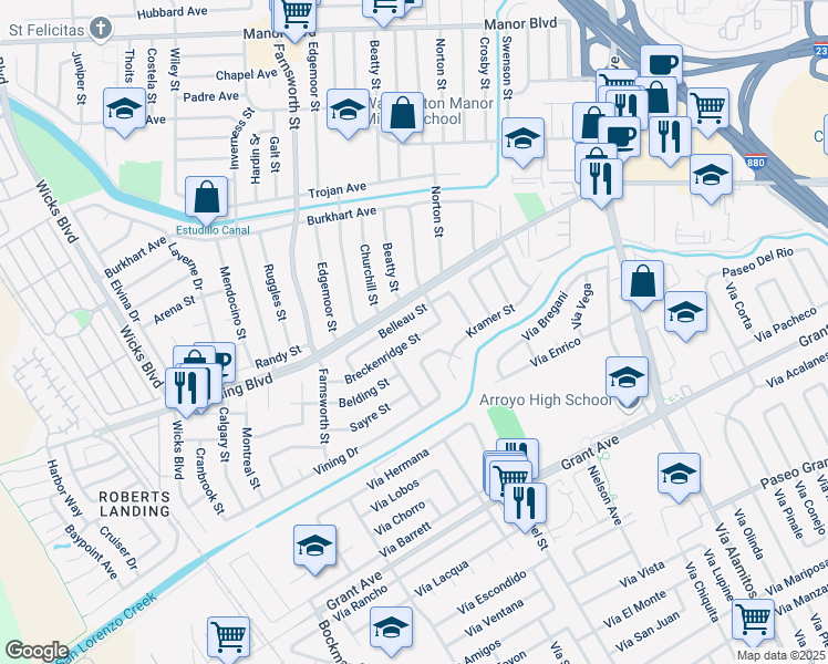 map of restaurants, bars, coffee shops, grocery stores, and more near 1205 Duzmal Avenue in San Leandro