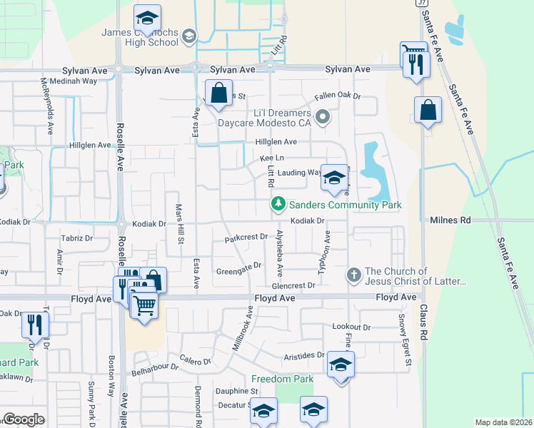 map of restaurants, bars, coffee shops, grocery stores, and more near 3005 Litt Road in Modesto