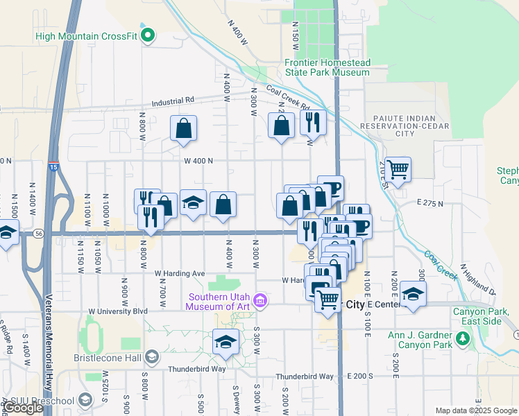 map of restaurants, bars, coffee shops, grocery stores, and more near 266 North 300 West in Cedar City