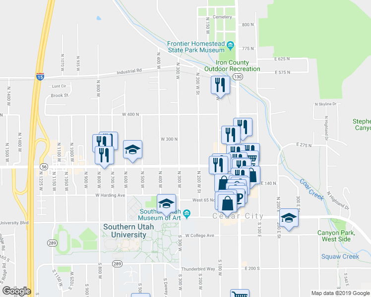 map of restaurants, bars, coffee shops, grocery stores, and more near 237 North 300 West in Cedar City