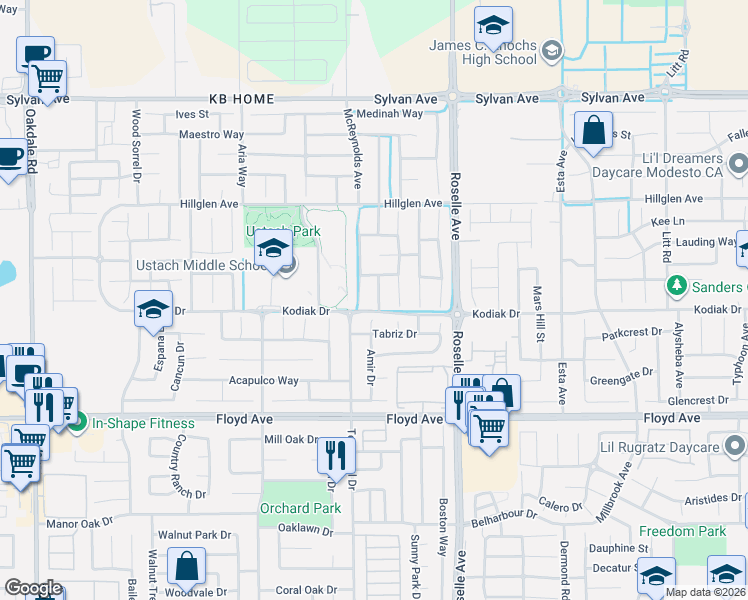 map of restaurants, bars, coffee shops, grocery stores, and more near 2913 Amir Place in Modesto