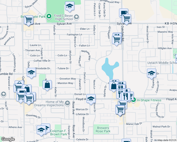 map of restaurants, bars, coffee shops, grocery stores, and more near 1912 East Rumble Road in Modesto