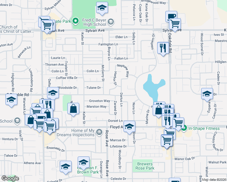 map of restaurants, bars, coffee shops, grocery stores, and more near 2921 Zarand Drive in Modesto