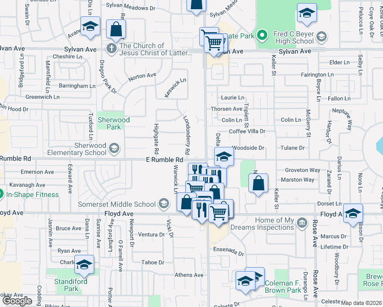 map of restaurants, bars, coffee shops, grocery stores, and more near 2909 Coffee Road in Modesto
