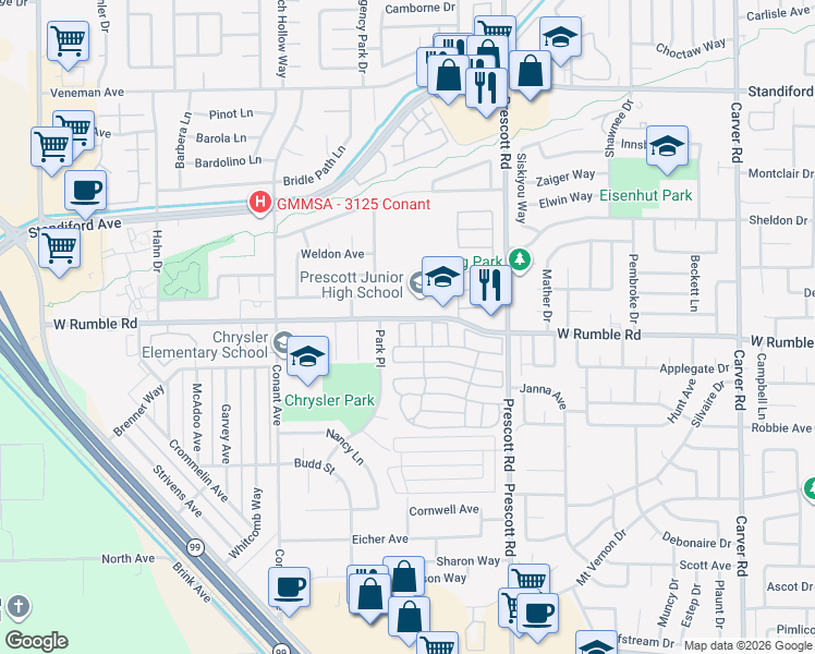 map of restaurants, bars, coffee shops, grocery stores, and more near Aquila Drive in Modesto