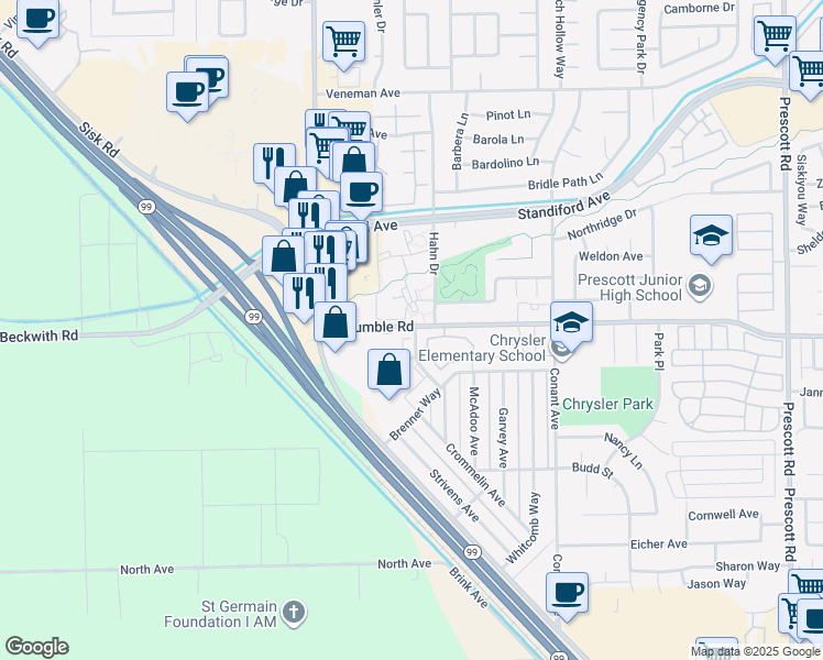 map of restaurants, bars, coffee shops, grocery stores, and more near in Modesto