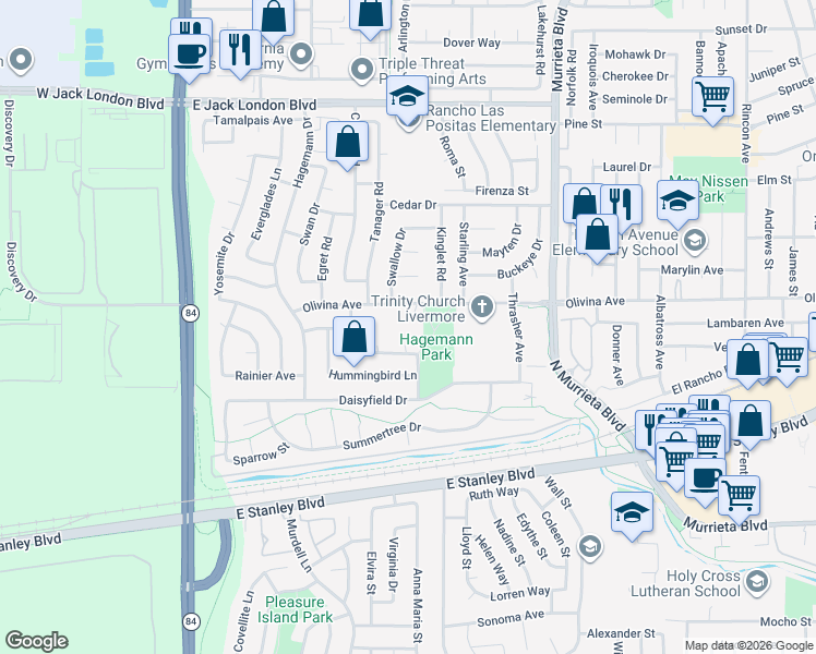map of restaurants, bars, coffee shops, grocery stores, and more near 249 Flicker Court in Livermore