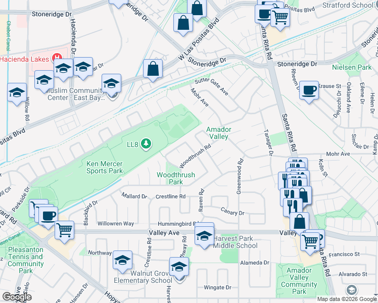 map of restaurants, bars, coffee shops, grocery stores, and more near 4923 Blackbird Way in Pleasanton