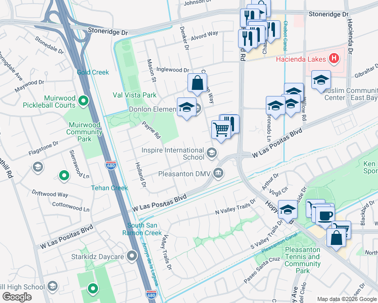 map of restaurants, bars, coffee shops, grocery stores, and more near 3987 Empire Court in Pleasanton