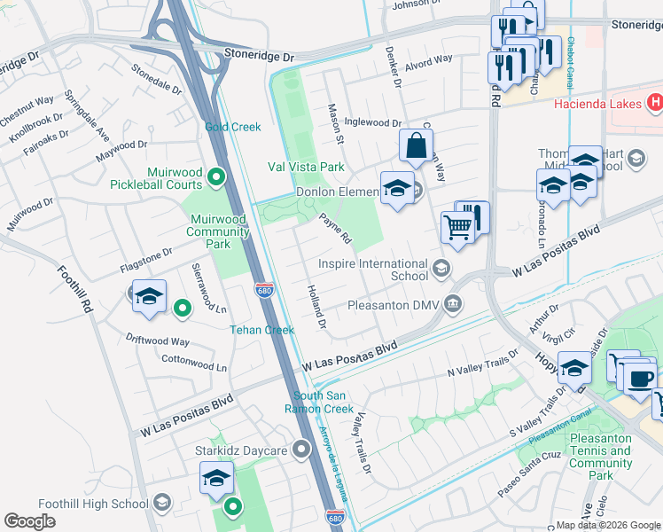 map of restaurants, bars, coffee shops, grocery stores, and more near 6729 Rancho Court in Pleasanton