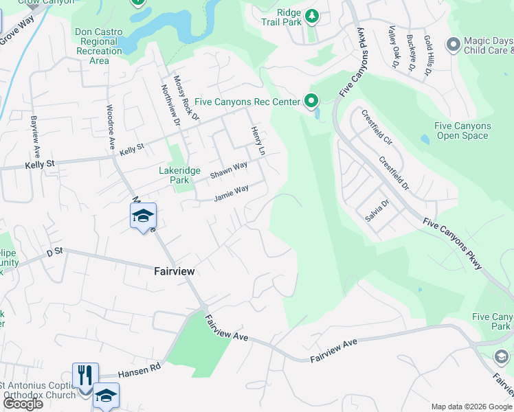 map of restaurants, bars, coffee shops, grocery stores, and more near 23998 Thurston Court in Hayward