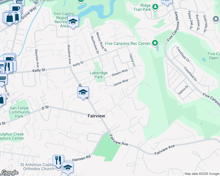 map of restaurants, bars, coffee shops, grocery stores, and more near 23587 Carlson Court in Hayward