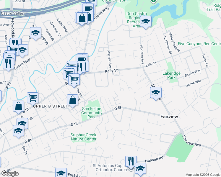 map of restaurants, bars, coffee shops, grocery stores, and more near 2254 Shell Place in Hayward