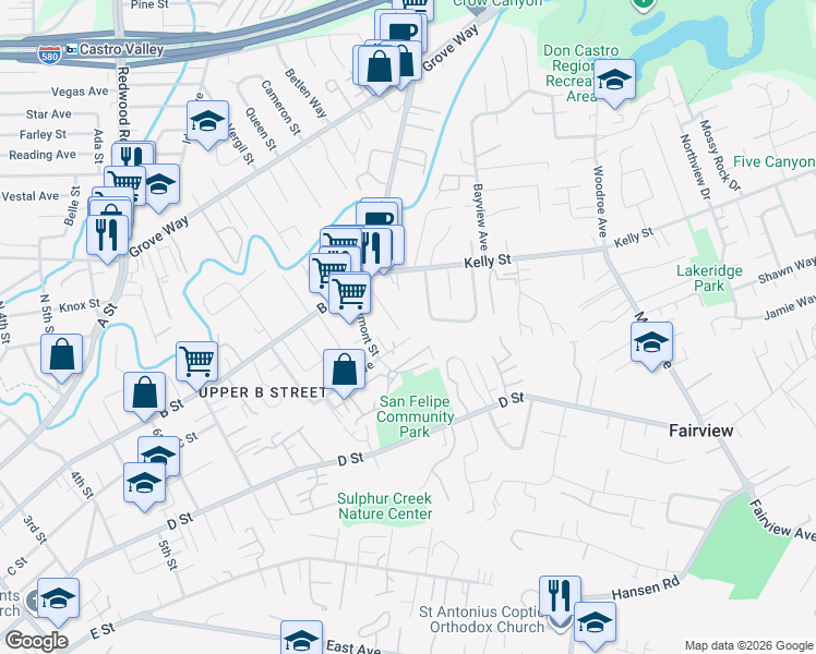 map of restaurants, bars, coffee shops, grocery stores, and more near 2139 Hill Avenue in Hayward