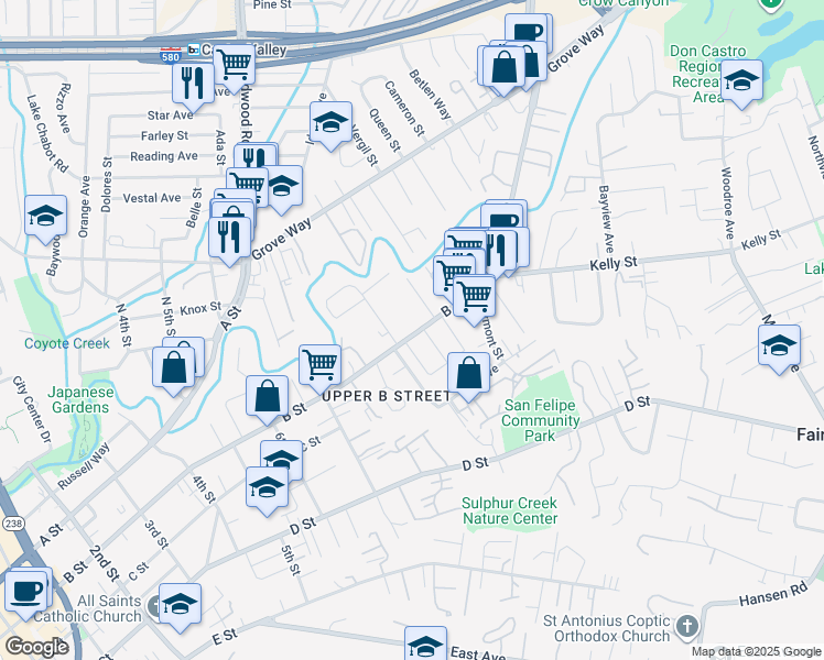 map of restaurants, bars, coffee shops, grocery stores, and more near 22620 Linden Street in Hayward