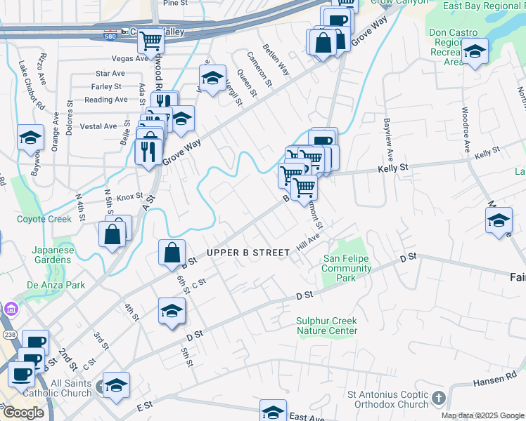 map of restaurants, bars, coffee shops, grocery stores, and more near 22620 Linden Street in Hayward