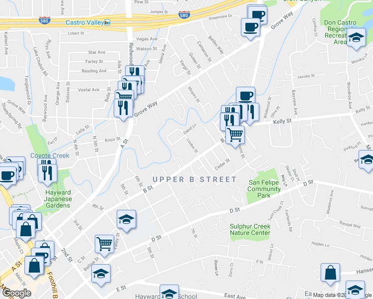 map of restaurants, bars, coffee shops, grocery stores, and more near 1782 B Street in Hayward