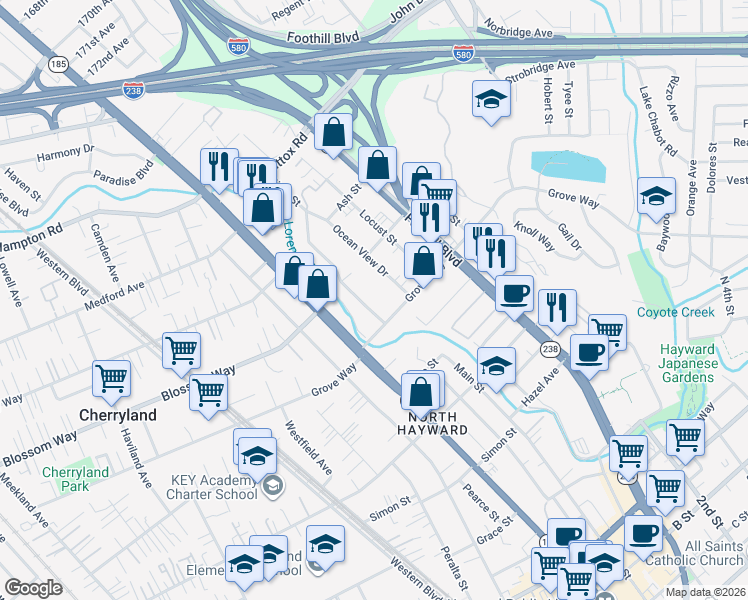 map of restaurants, bars, coffee shops, grocery stores, and more near 21425 Birch Street in Hayward