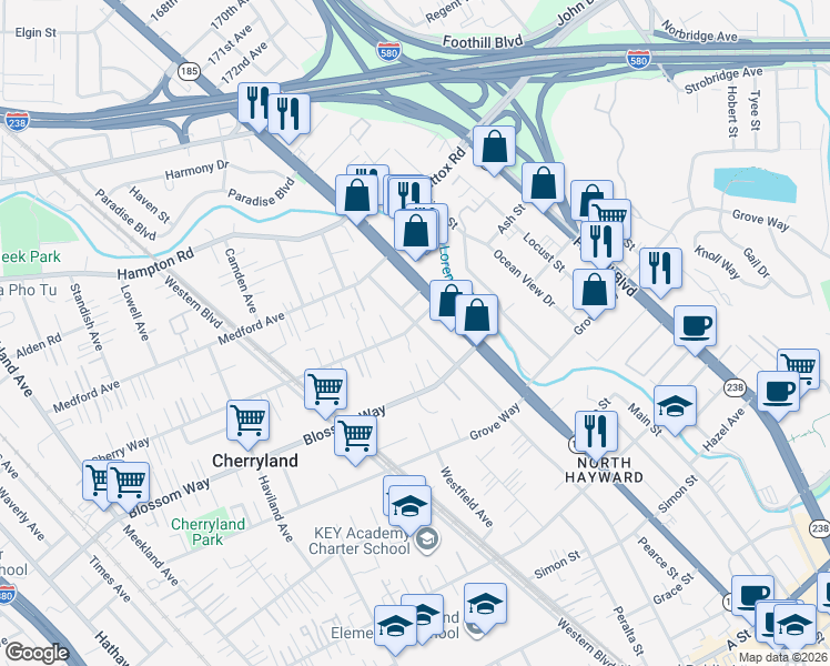 map of restaurants, bars, coffee shops, grocery stores, and more near 859 Cherry Way in Hayward