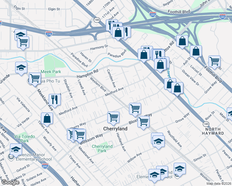 map of restaurants, bars, coffee shops, grocery stores, and more near 20555 Western Boulevard in Hayward