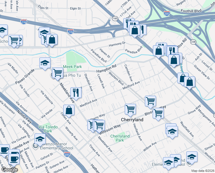 map of restaurants, bars, coffee shops, grocery stores, and more near 344 Medford Avenue in Hayward