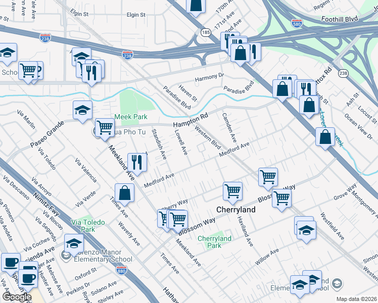 map of restaurants, bars, coffee shops, grocery stores, and more near 19237 Lowell Avenue in Hayward