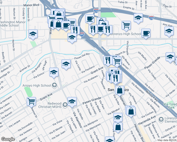 map of restaurants, bars, coffee shops, grocery stores, and more near 656 Grant Avenue in San Lorenzo