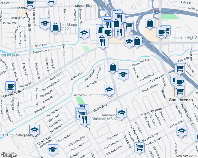 map of restaurants, bars, coffee shops, grocery stores, and more near 928 Vía Enrico in San Lorenzo