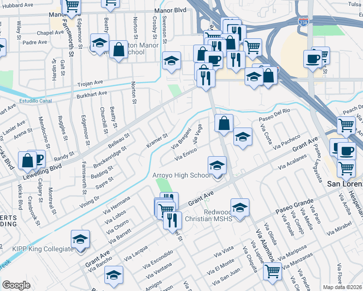 map of restaurants, bars, coffee shops, grocery stores, and more near 989 Vía Enrico in San Lorenzo