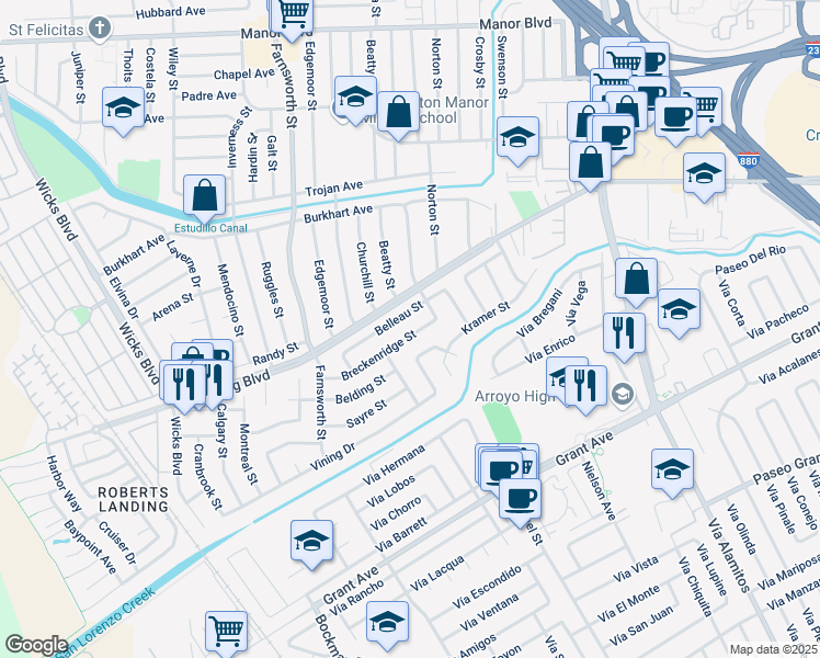map of restaurants, bars, coffee shops, grocery stores, and more near 1205 Duzmal Avenue in San Leandro