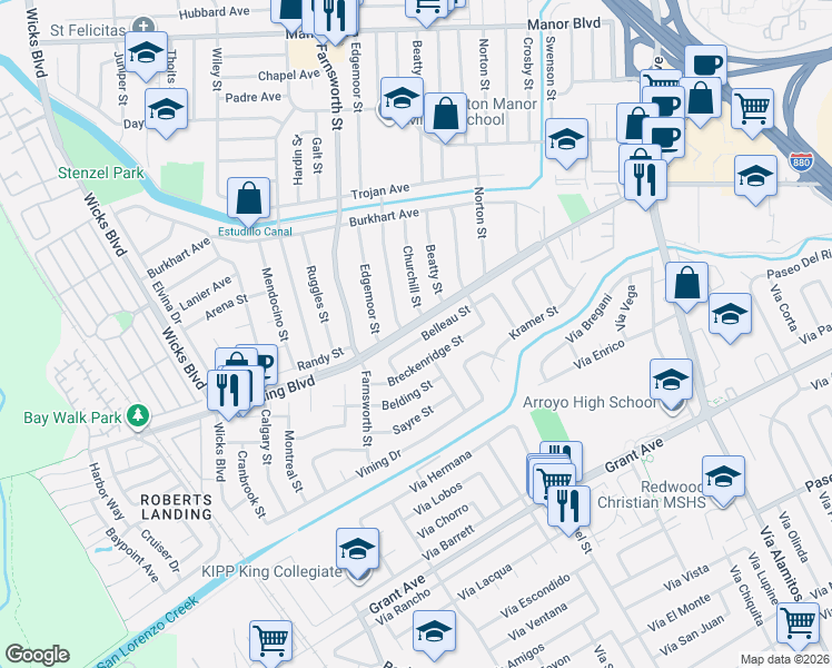 map of restaurants, bars, coffee shops, grocery stores, and more near 1311 Breckenridge Street in San Leandro