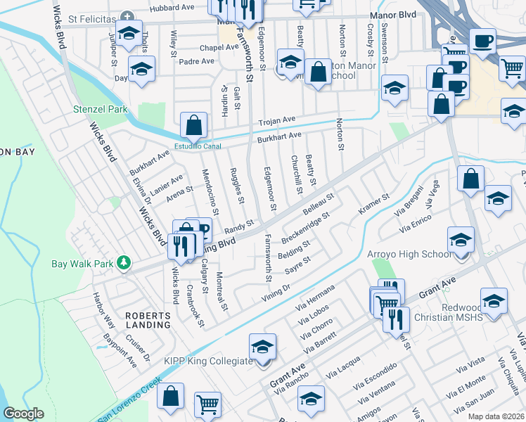 map of restaurants, bars, coffee shops, grocery stores, and more near 1370 Randy Street in San Leandro
