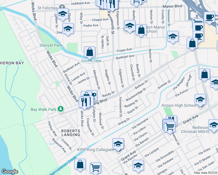 map of restaurants, bars, coffee shops, grocery stores, and more near 15393 Inverness Street in San Leandro