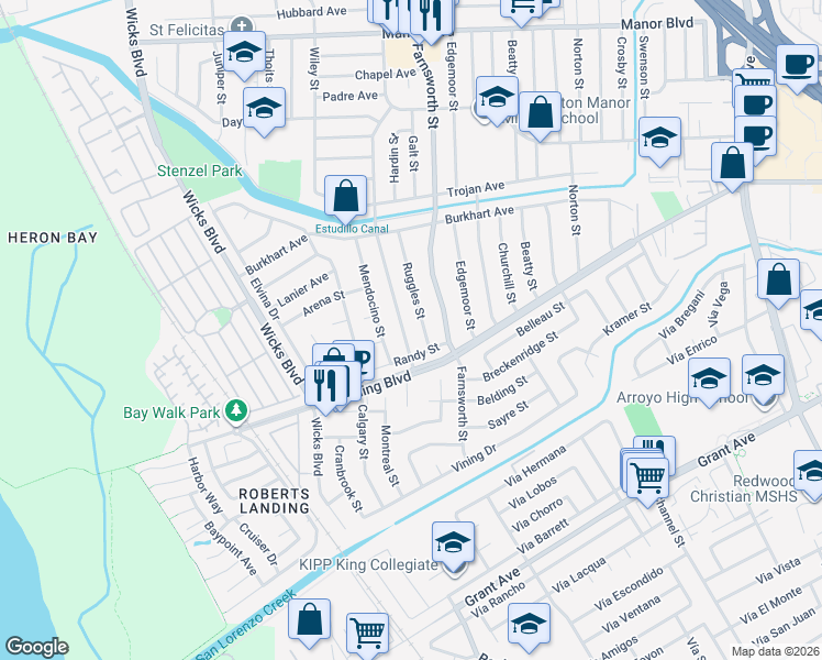map of restaurants, bars, coffee shops, grocery stores, and more near 15393 Inverness Street in San Leandro