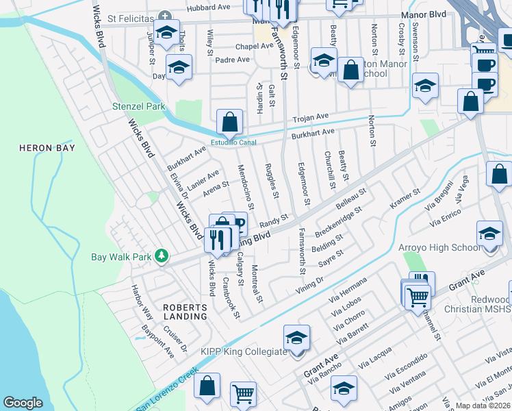 map of restaurants, bars, coffee shops, grocery stores, and more near 15393 Inverness Street in San Leandro