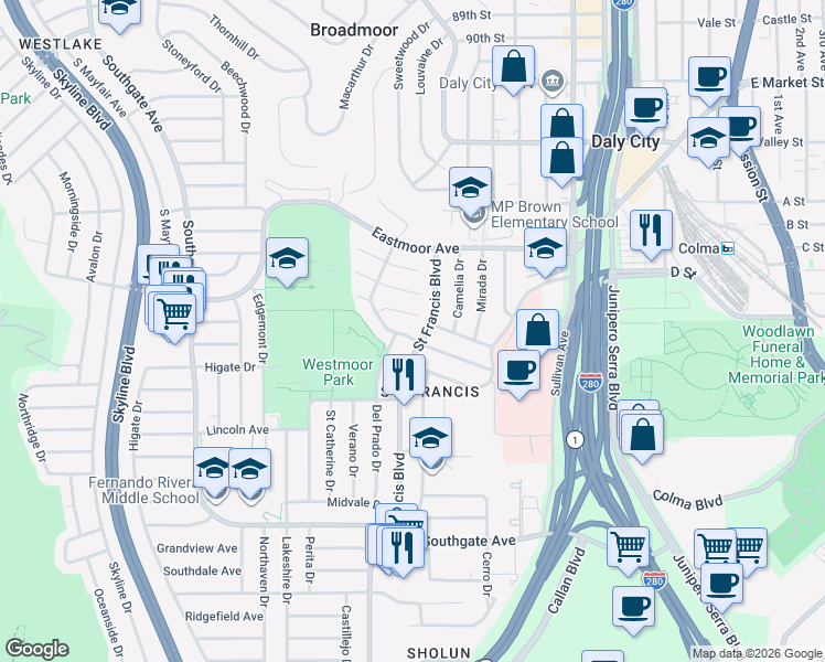 map of restaurants, bars, coffee shops, grocery stores, and more near 295 Alta Loma Avenue in Daly City