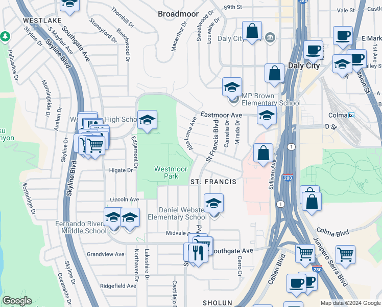 map of restaurants, bars, coffee shops, grocery stores, and more near 125 Del Prado Drive in Daly City