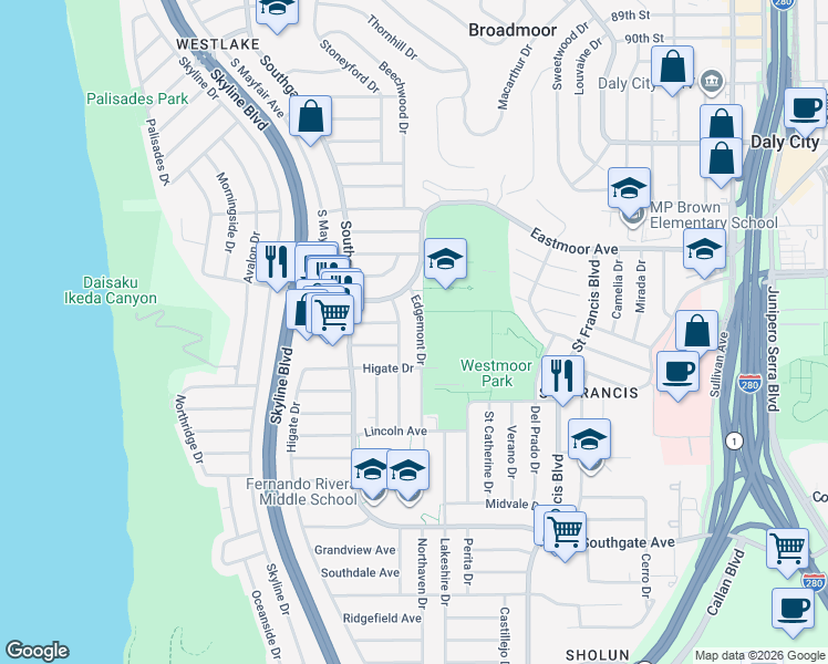 map of restaurants, bars, coffee shops, grocery stores, and more near 78 Edgemont Drive in Daly City