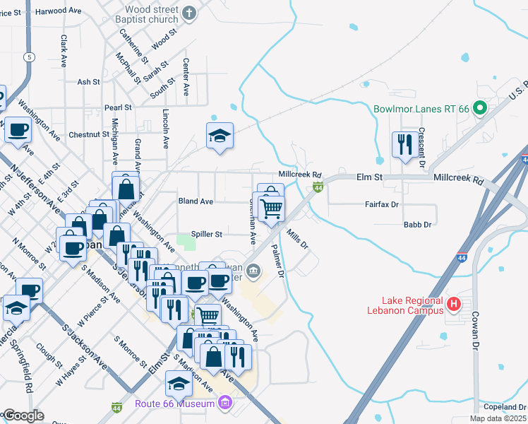 map of restaurants, bars, coffee shops, grocery stores, and more near 531 East Elm Street in Lebanon