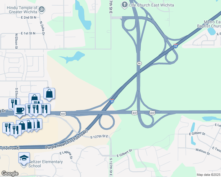 map of restaurants, bars, coffee shops, grocery stores, and more near 482 South 127th Street East in Wichita