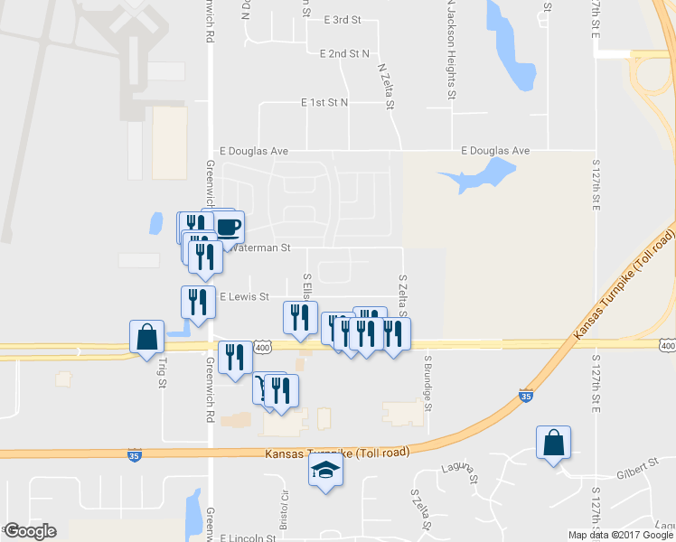map of restaurants, bars, coffee shops, grocery stores, and more near 11656-11816 East Lewis Street in Wichita