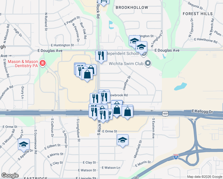 map of restaurants, bars, coffee shops, grocery stores, and more near 8114 East Willowbrook Road in Wichita