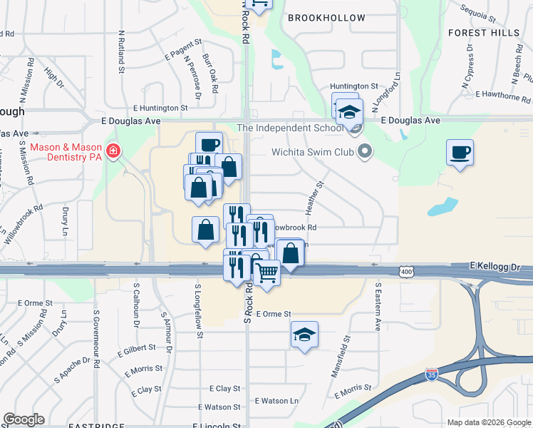 map of restaurants, bars, coffee shops, grocery stores, and more near 8014 East Willowbrook Road in Wichita