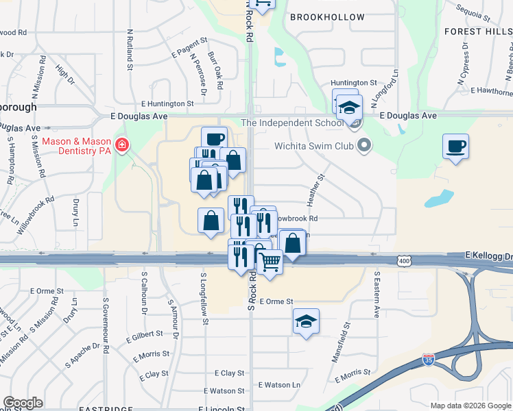 map of restaurants, bars, coffee shops, grocery stores, and more near 8014 East Willowbrook Road in Wichita