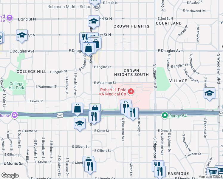 map of restaurants, bars, coffee shops, grocery stores, and more near 406 Elpyco Street in Wichita