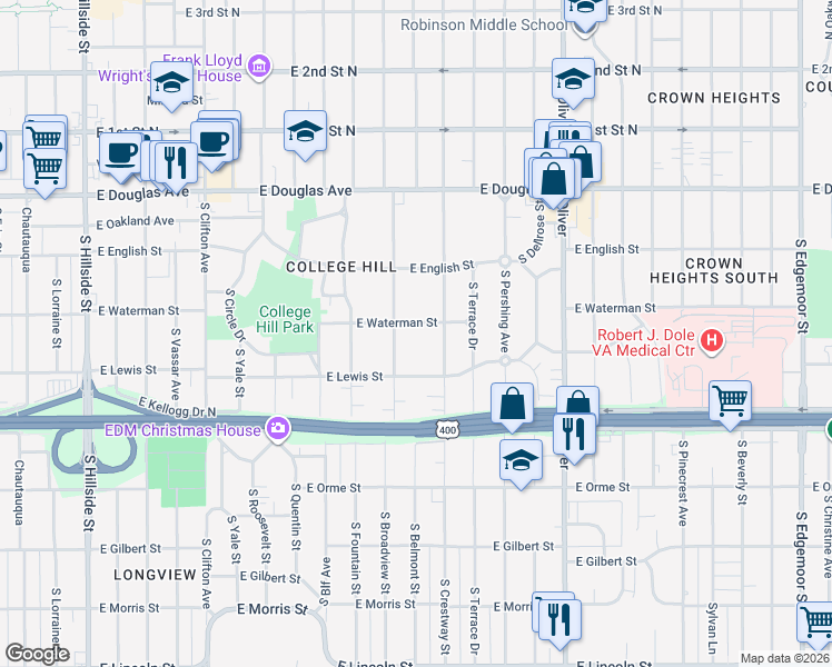 map of restaurants, bars, coffee shops, grocery stores, and more near 333 South Crestway Street in Wichita